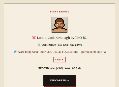 Boxing Career screenshot: a fight result showing a TKO loss in round two, body wear at 96 percent and a permanent chin injury, record 2-8-2 at age 26