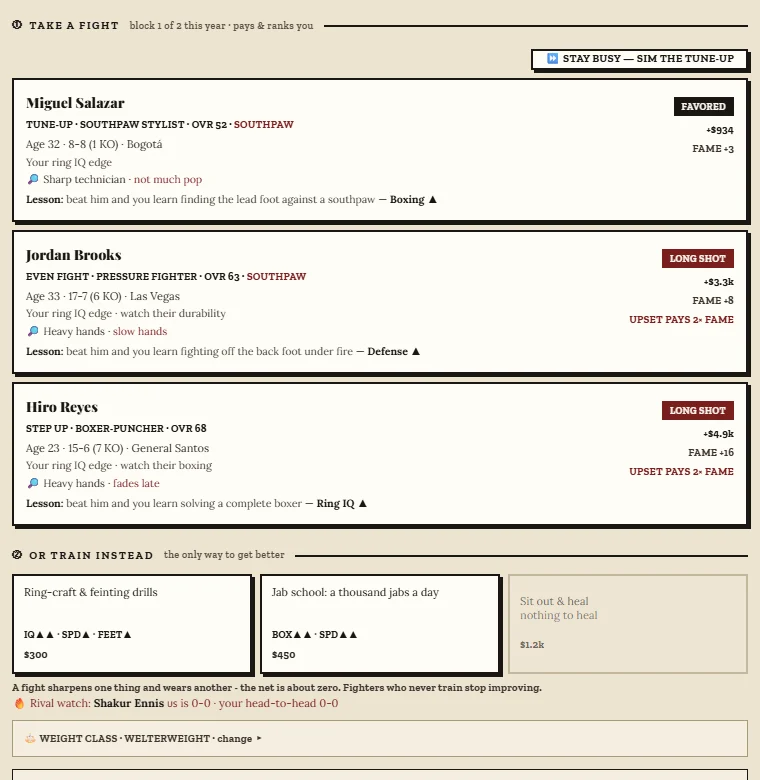 Boxing Career screenshot: choosing between three opponents marked favoured and long shot, with training options below