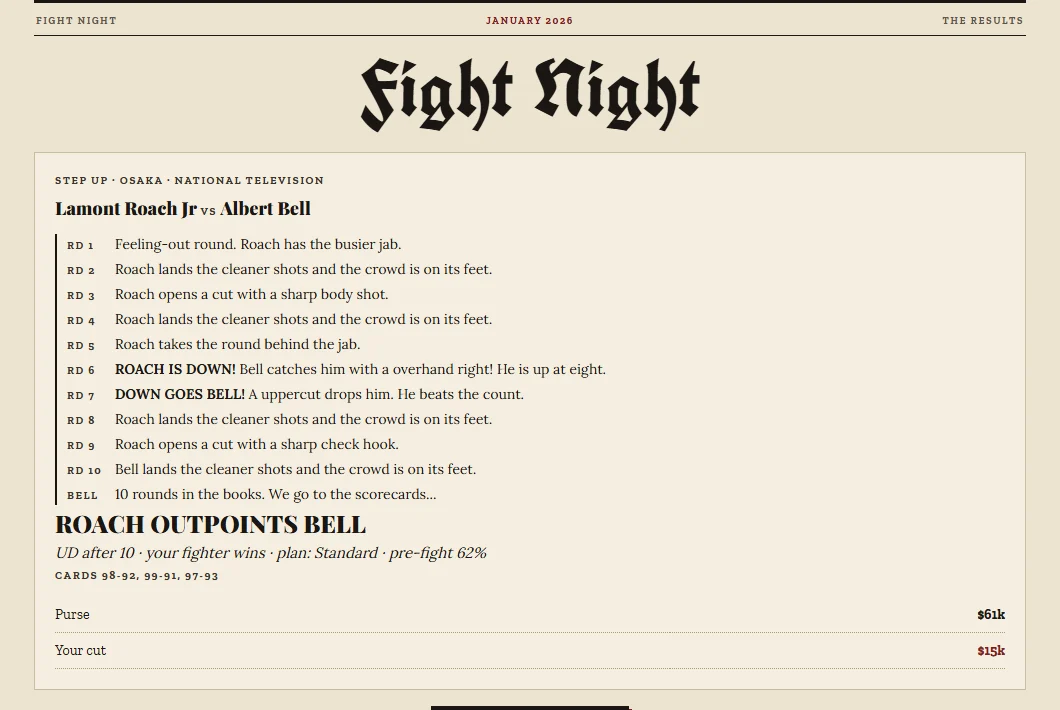 Boxing Manager screenshot: a fight night report, round by round, of a ten-round step-up fight won on points, with the purse and the manager's cut