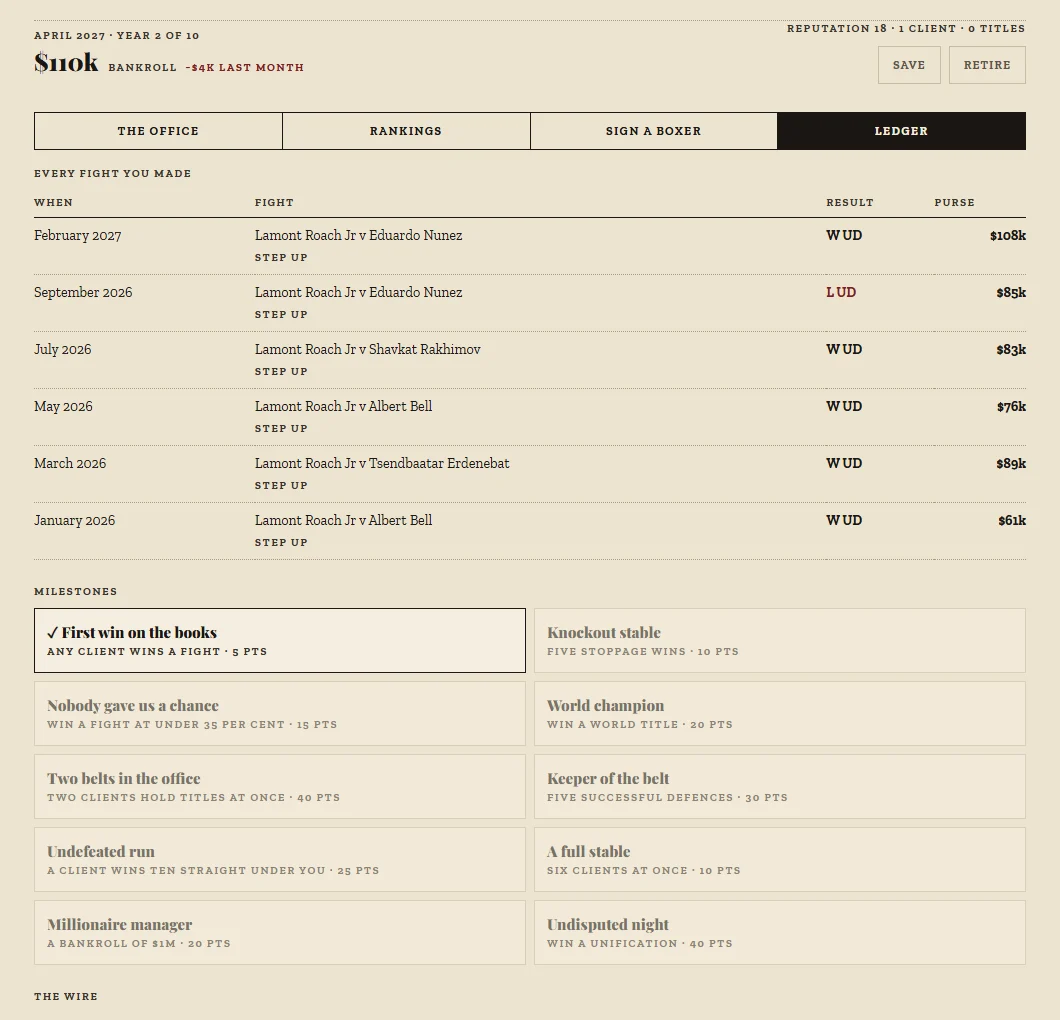 Boxing Manager screenshot: the ledger of every fight with results and purses, and the milestones board