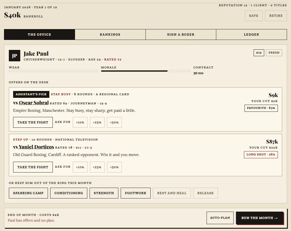 Boxing Manager screenshot: the office with a stay-busy offer paying a 2 thousand dollar cut and a step-up offer paying 22 thousand, and monthly costs of 4 thousand