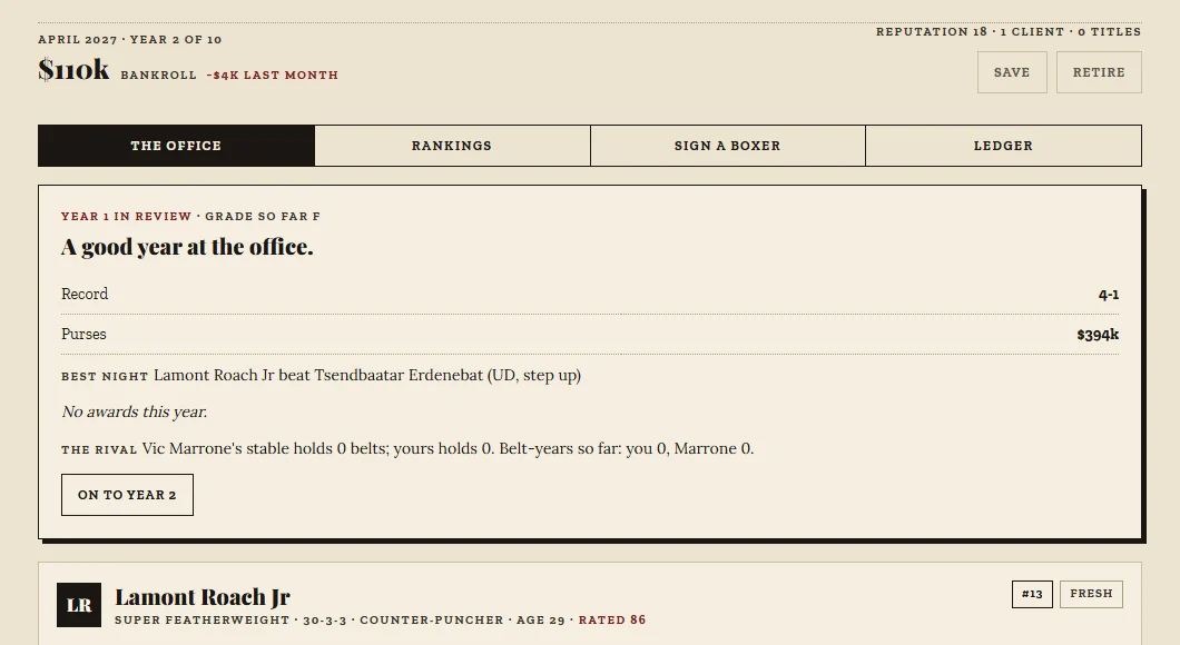 Boxing Manager screenshot: the year-in-review card with the record, purses, best night and the rival manager comparison