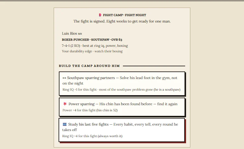 Boxing Career screenshot: a fight camp screen offering southpaw sparring, power sparring or film study against a named opponent