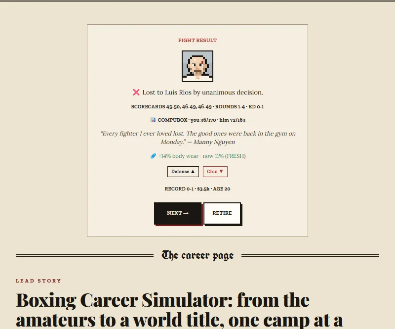 Boxing Career screenshot: a fight result showing a unanimous decision loss with three scorecards, punch stats and stat changes