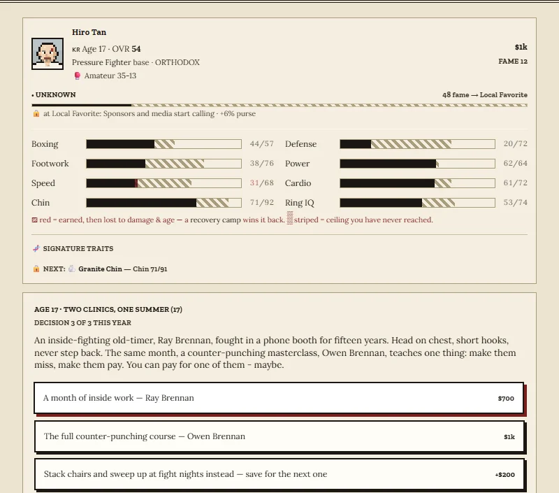Boxing Career screenshot: choosing between two paid boxing clinics or working shifts to save money