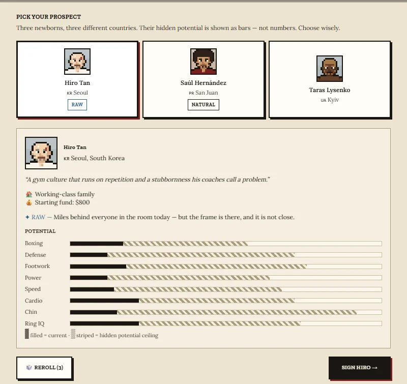 Boxing Career screenshot: choosing between three young boxing prospects, with hidden potential shown as striped bars