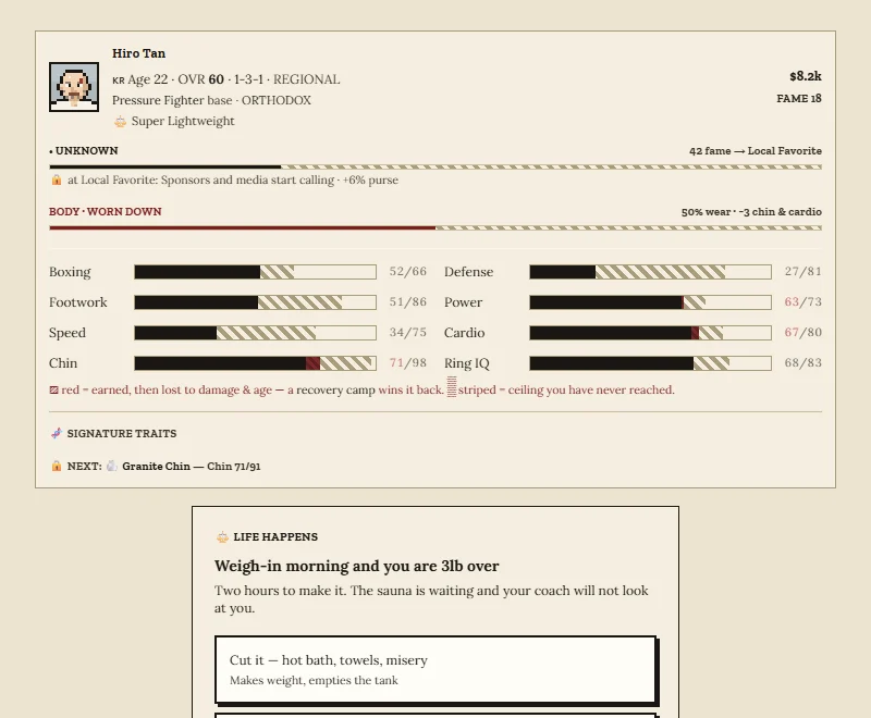 Boxing Career screenshot: a boxer's stat card showing body wear in red, and a weigh-in event where the boxer is three pounds over the limit