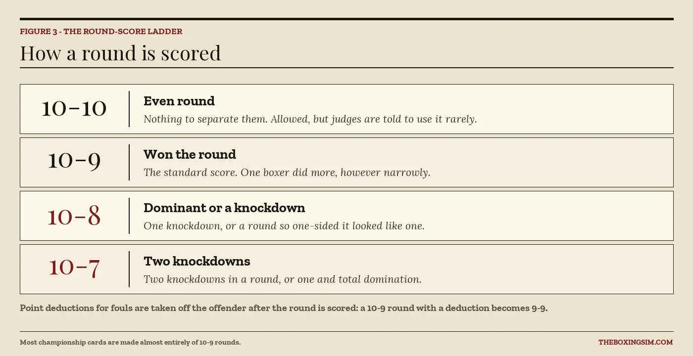 A chart of boxing round scores: 10-10 for an even round, 10-9 for a won round, 10-8 for a knockdown or a dominant round, 10-7 for two knockdowns